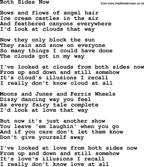 Both Sides Now Lyrics by Dave Van Ronk from the The Mayor of MacDougal Street: Rarities 1957-69 album- including song video, artist biography, translations and more: Bows and flows of angel hair And ice cream castles in the air And feather canyons everywhere I've looked at clouds t…